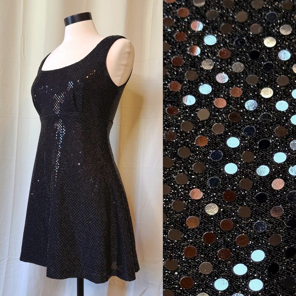 VTG Y2K 90s Betsy & Adam Sequin Sparkly Black Mini Babydoll Flare Dress